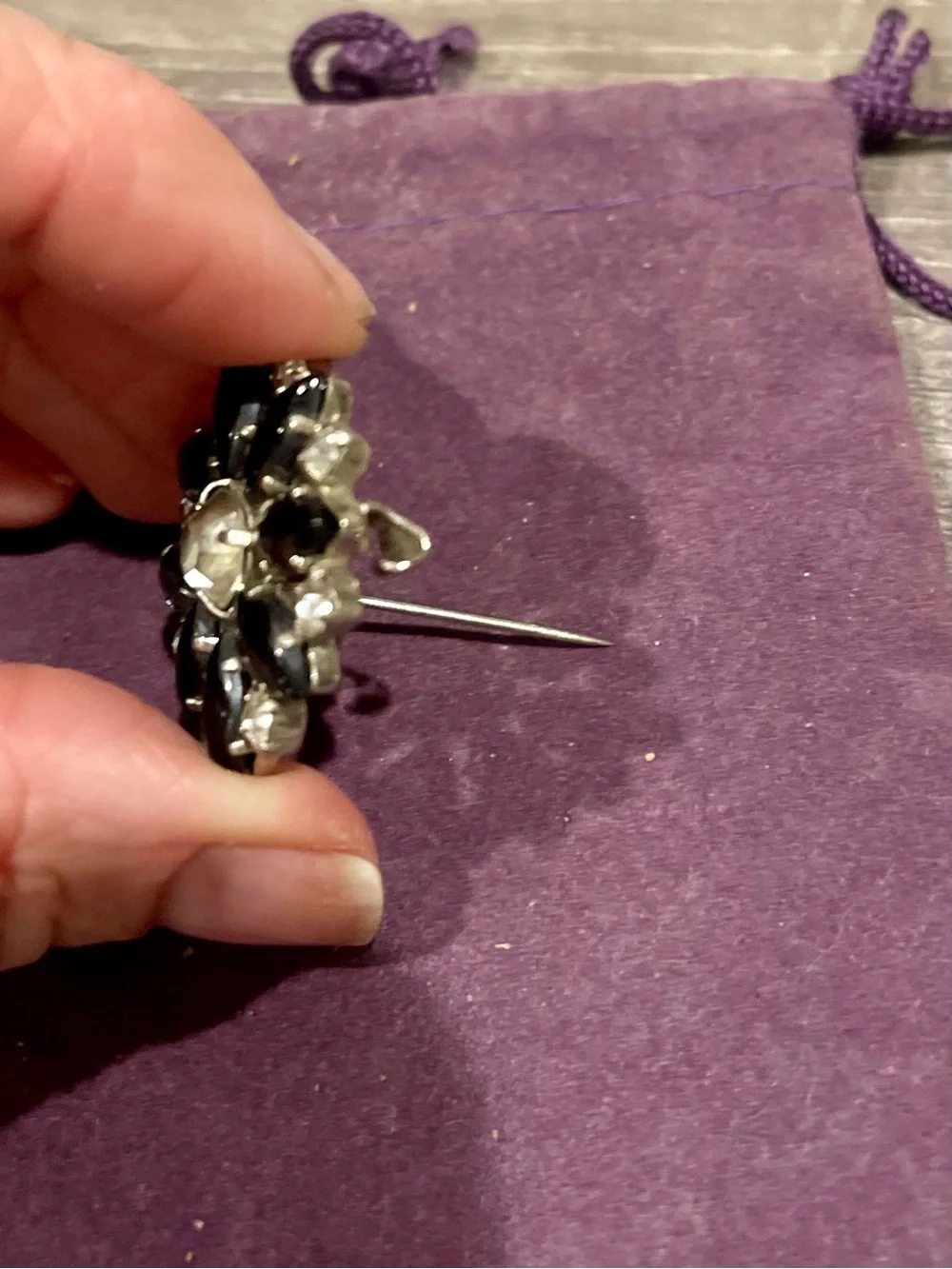 Vintage Black Crystal Flower Brooch